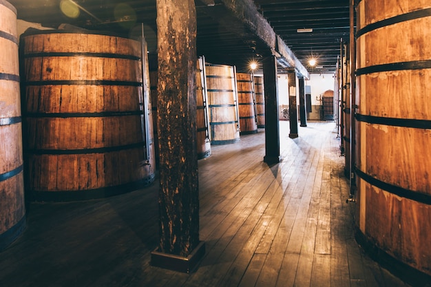 Vino en barricas de madera almacenadas para crianza en bodega.