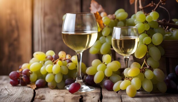 Vino blanco en una copa con uvas de otoño fondo de madera viejo