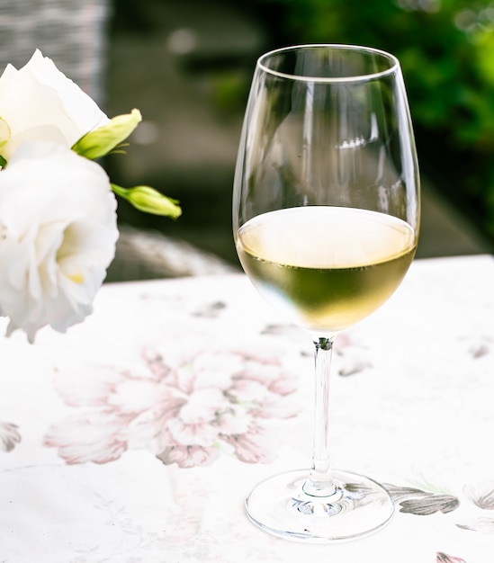 Vino blanco en restaurante de lujo en la terraza del jardín de verano experiencia de cata de vinos en bodega en el vi ...