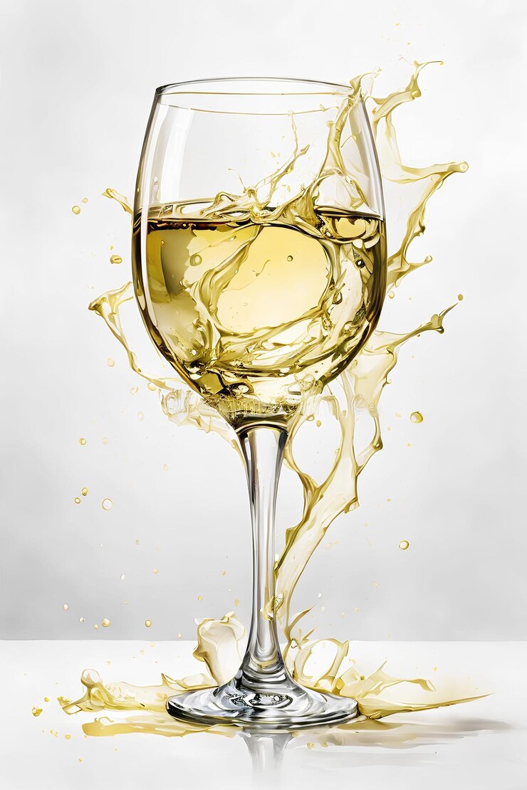 Vino blanco salpicando de un vaso aislado en un fondo claro