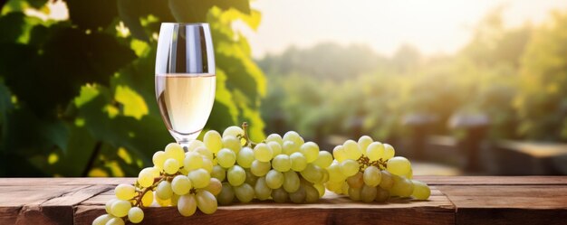 Foto vino blanco con uvas en una vieja mesa de madera sobre un fondo borroso de viñedos generado por ia