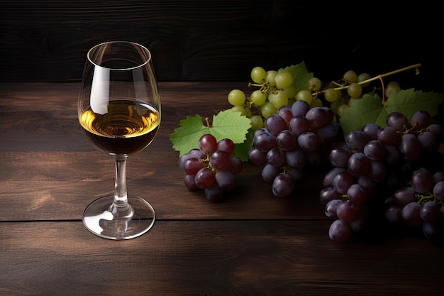 Vino blanco en vaso de vino en una mesa de madera Copiar espacio Ilustración IA generativa