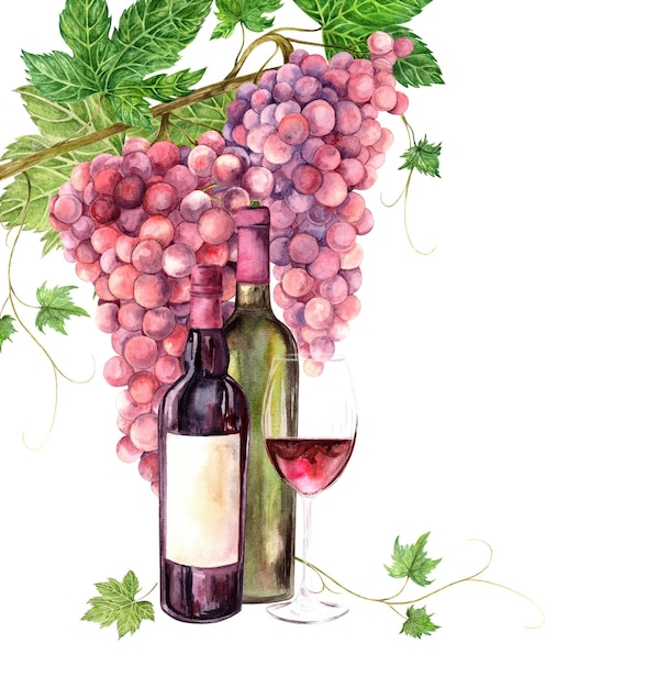 Vino en botellas de vidrio una copa de vino sobre un fondo de un montón de rosas la ilustración acuarela