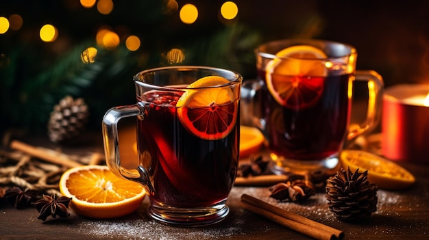 Vino caliente caliente con árbol de Navidad de anís naranja y palitos de canela sobre fondo de madera