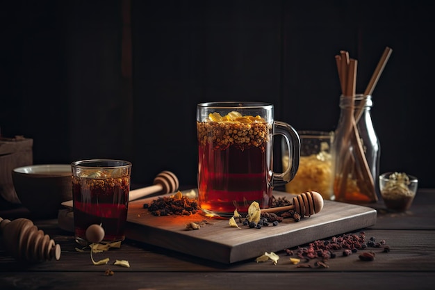 Vino caliente con especias y miel sobre un fondo de madera Un té de hierbas caliente en una taza con un frasco de miel y hojas de hierbas AI Generado