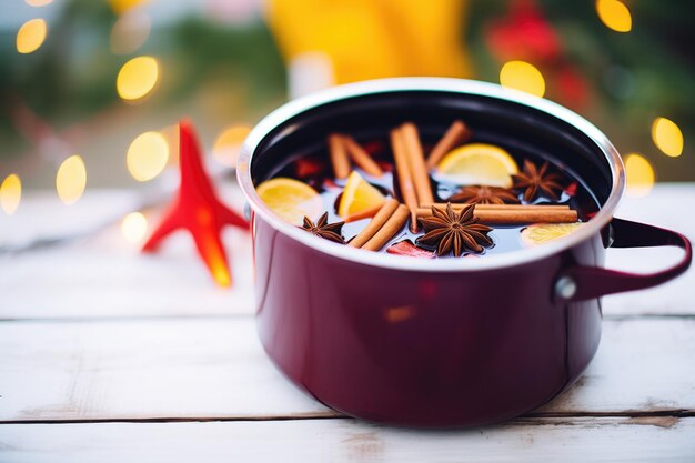 Vino caliente con especias en una olla con palitos de canela