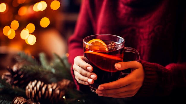 Vino caliente de Navidad en las manos de una mujer Alimentación de IA generativa