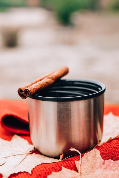 Vino caliente con palitos de canela en una taza termo al aire libre en el parque de otoño Bufanda roja Picnic de otoño