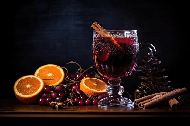 Foto vino caliente recién elaborado en una copa sobre un fondo de frutas secas