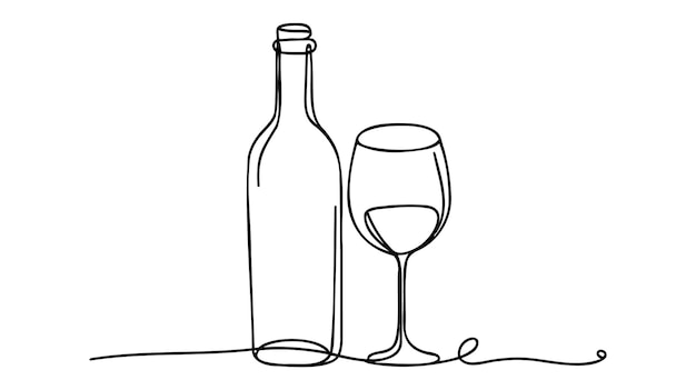Foto vino y copa de vino ilustración vectorial de boceto de una línea sobre fondo blanco