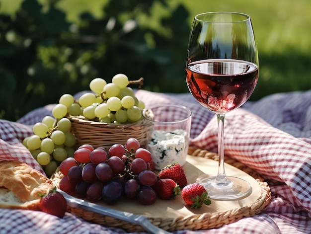Vino exquisito y uvas deliciosas adornan una mesa Una cautivadora imagen de stock generada por AI