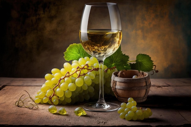 Vino italiano Vino blanco Copa de vino con uvas en una mesa de madera