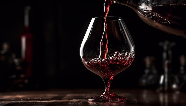 Vino de lujo que vierte un vaso salpicado que refleja la elegancia generada por la IA