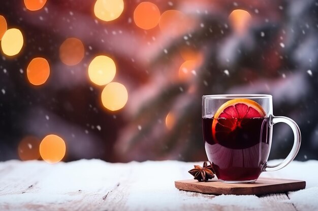 Foto vino mulled aromático servido en una mesa de madera contra un telón de fondo de bosque nevado de invierno al atardecer