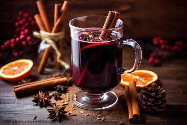 Vino mulled en una copa con bastón de canela y anís estrella creado con ai generativo