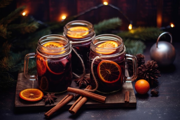 Vino mulled en frascos de albañil con palitos de canela y rebanadas de naranja creados con ai generativo