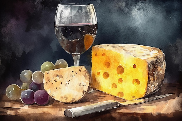 Vino, queso y un racimo de uvas en la mesa Pintura de acuarela en papel texturizado