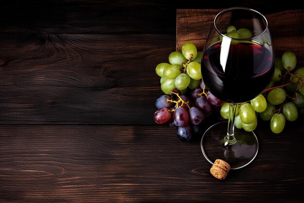 Foto vino rojo y uvas en una mesa de madera ilustración ia generativa