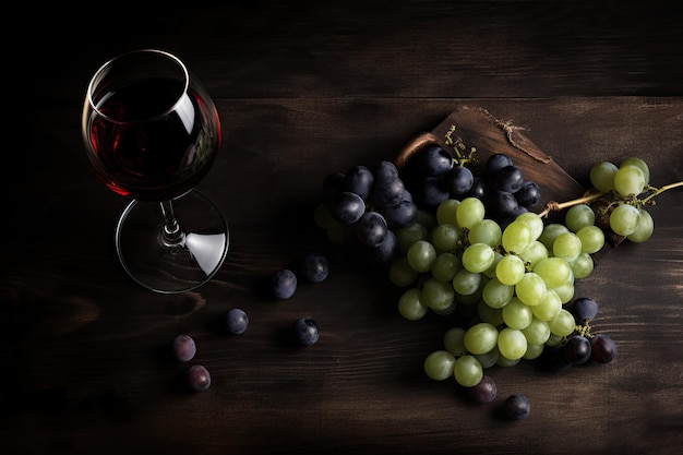 Vino rojo y uvas en una mesa de madera Ilustración IA generativa