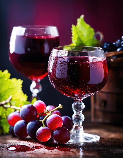 Vino rojo con uvas sobre un fondo oscuro Foco selectivo ai generativo
