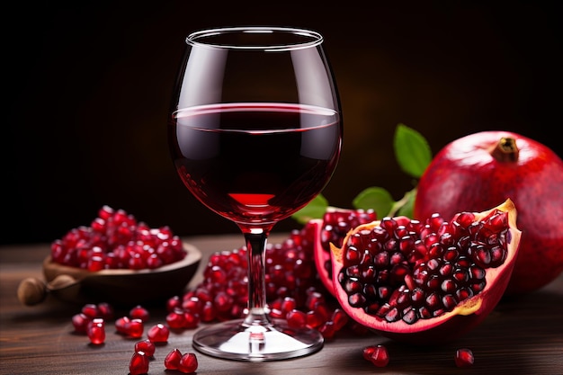 Vino rojo en vaso con semillas de granada esparcidas en una mesa de vidrio negro Vino y fruta naturaleza muerta