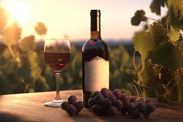 Vino rojo en vaso de vino y botella en la mesa Paisaje de verano Ilustración IA generativa