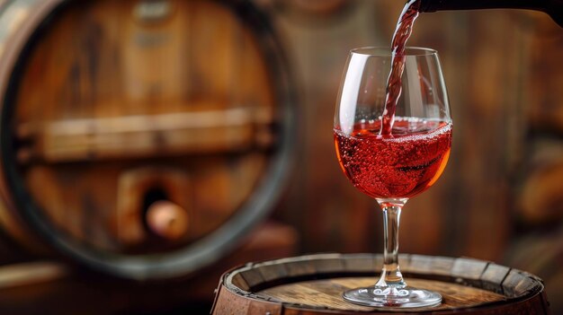 El vino rojo se vierte en barril