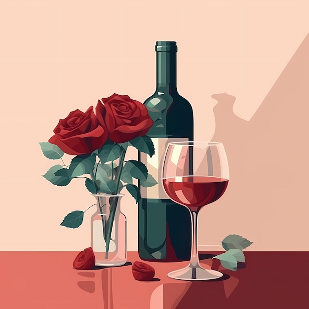 Vino romántico con rosas rojas en un fondo rosa pastel el día de San Valentín diseño romántico líneas limpias diseño colorido