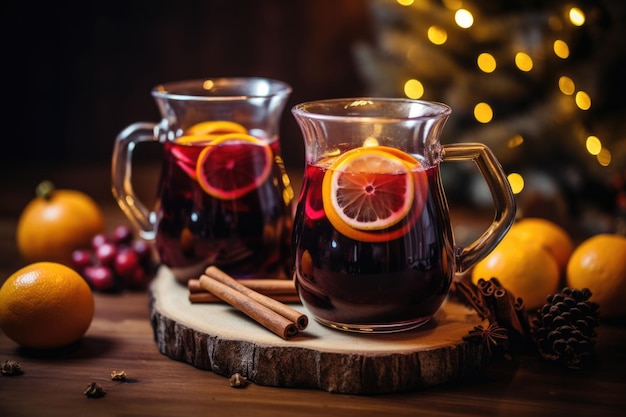 Vino tinto caliente con especias y cítricos Bebida caliente tradicional en Navidad Ilustración generativa de IA