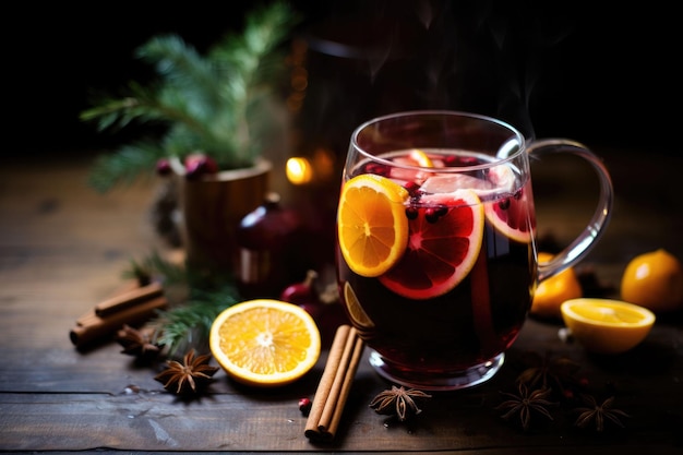 Vino tinto caliente con especias y cítricos Bebida caliente tradicional en Navidad Ilustración generativa de IA