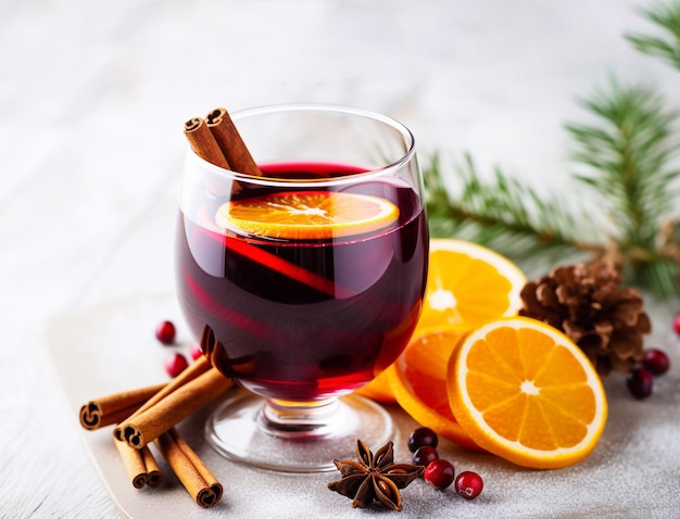 Vino tinto caliente de Navidad con especias y frutas sobre un fondo blanco.