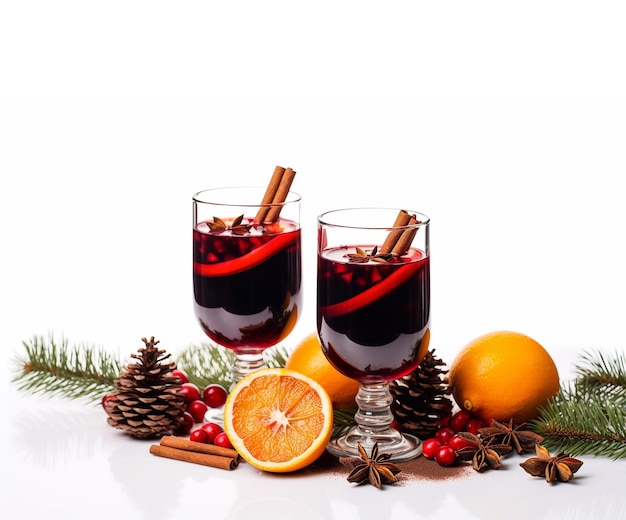 Vino tinto caliente de Navidad con especias y frutas sobre un fondo blanco