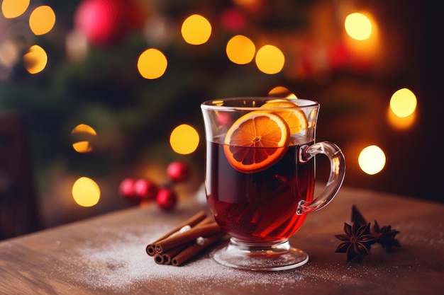 Vino tinto caliente navideño con especias y frutas en una mesa de madera contra un fondo de luces navideñas Bebida caliente tradicional en Navidad