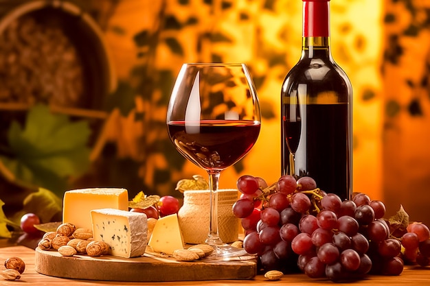 Vino tinto en copa de vino con uvas queso una botella de vino y un sacacorchos Ai generado