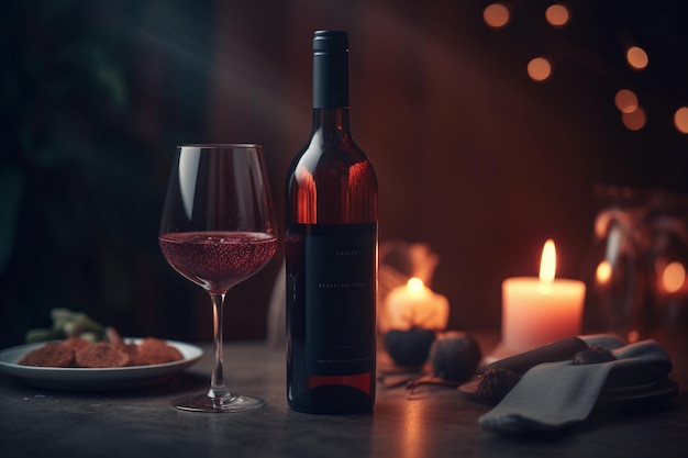 Vino tinto en una mesa con velas y cena y fondo oscuro