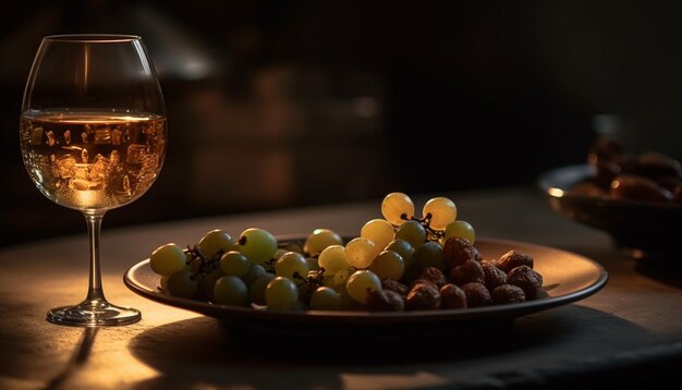 Foto vino tinto oscuro en copa de vino snack gourmet en la mesa elegancia generada por inteligencia artificial