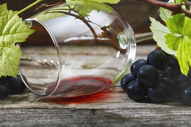 Vino tinto y uvas. Vino y uvas en un ambiente vintage con corchos en una mesa de madera.