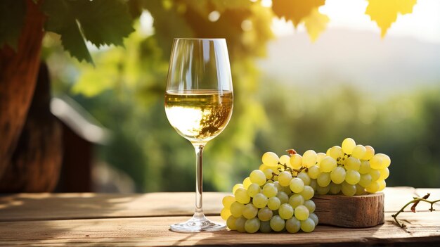 vino y uvas vino blanco en una copa sobre un fondo de viñedo