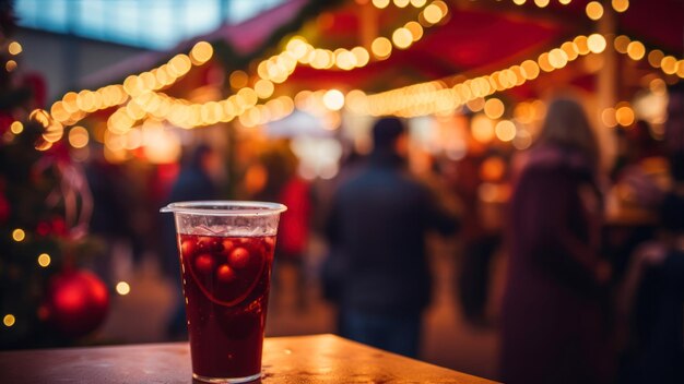 Vino en un vaso en el fondo de un mercado navideño