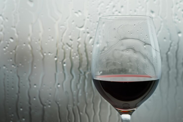 Vino de vidrio con condensación contra la ventana de niebla