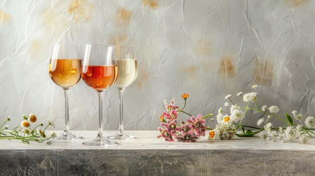 Vinos variados en una copa Vino rosado sobre un fondo de hormigón con flores Copiar espacio