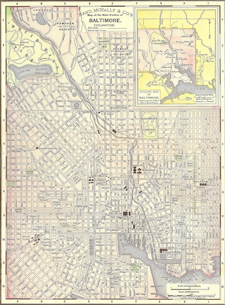 Vintage 1891 mapa de Baltimore; fuera de los derechos de autor