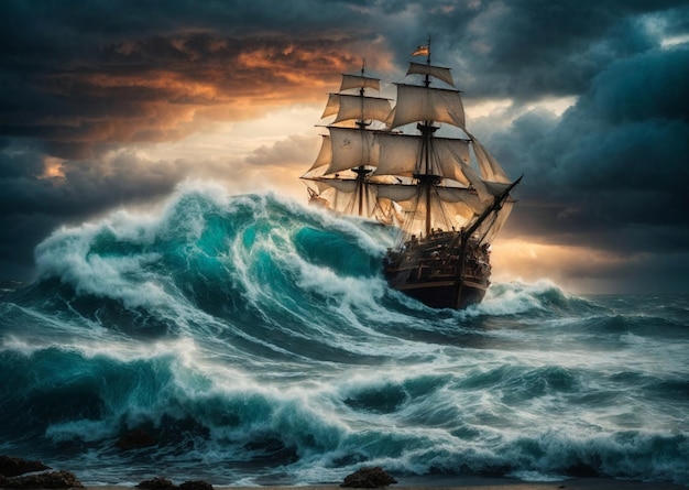Vintage 18s navio no oceano pintura a óleo Velho navio de vela enfrentando as ondas