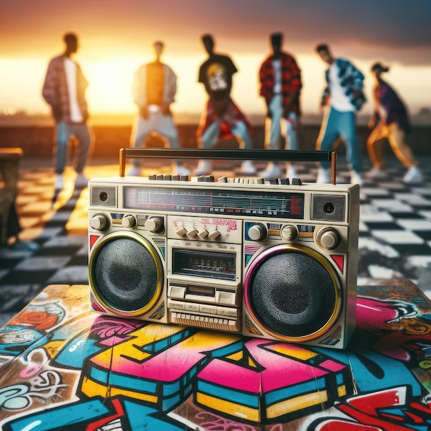 Vintage 90s Boombox con Graffiti y la juventud del breakdance