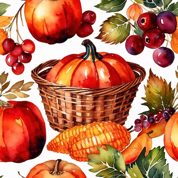 Vintage Aquarell-Illustration einer reichlichen Ernte mit frischem, gesundem Obst und Gemüse