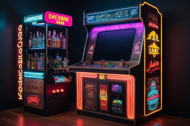 Vintage Arcade-Spielschrank verwandelt in eine Barkonsole mit Retro-Neonlichtern und Alkohol-Display