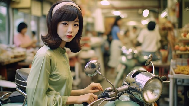 Vintage-asiatisches Mädchen mit Roller auf dem Markt in hellgrünem Ao dai