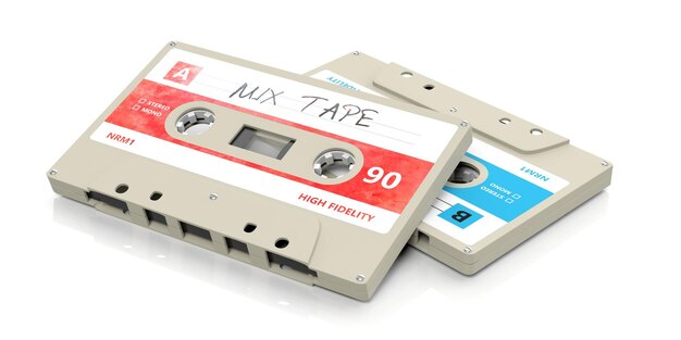 Vintage Audiokassetten Text Mix Tape auf dem Etikett isoliert auf weißem Hintergrund 3D-Darstellung