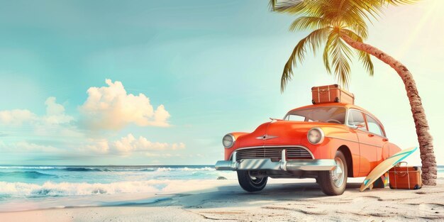 Foto vintage-auto am strand mit einem surfbrett auf dem dach
