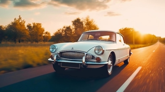 Vintage-Auto auf der Straße mit Landschaftsansicht und goldenem Sonnenuntergang-Hintergrund